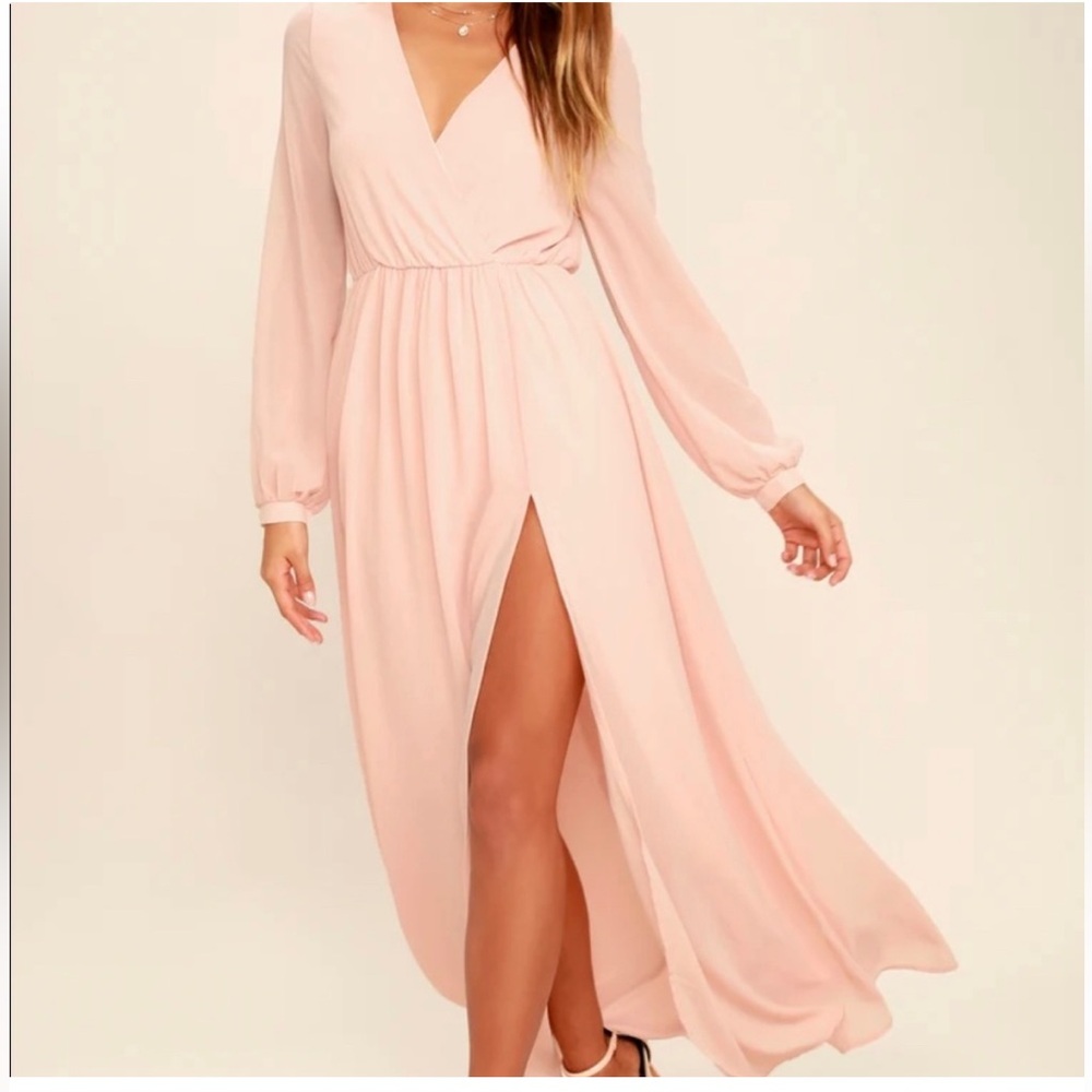 Lulus Wondrous Water Lilies Long Sleeve Chiffon Maxi Dress, Blush Pink, XL NWT